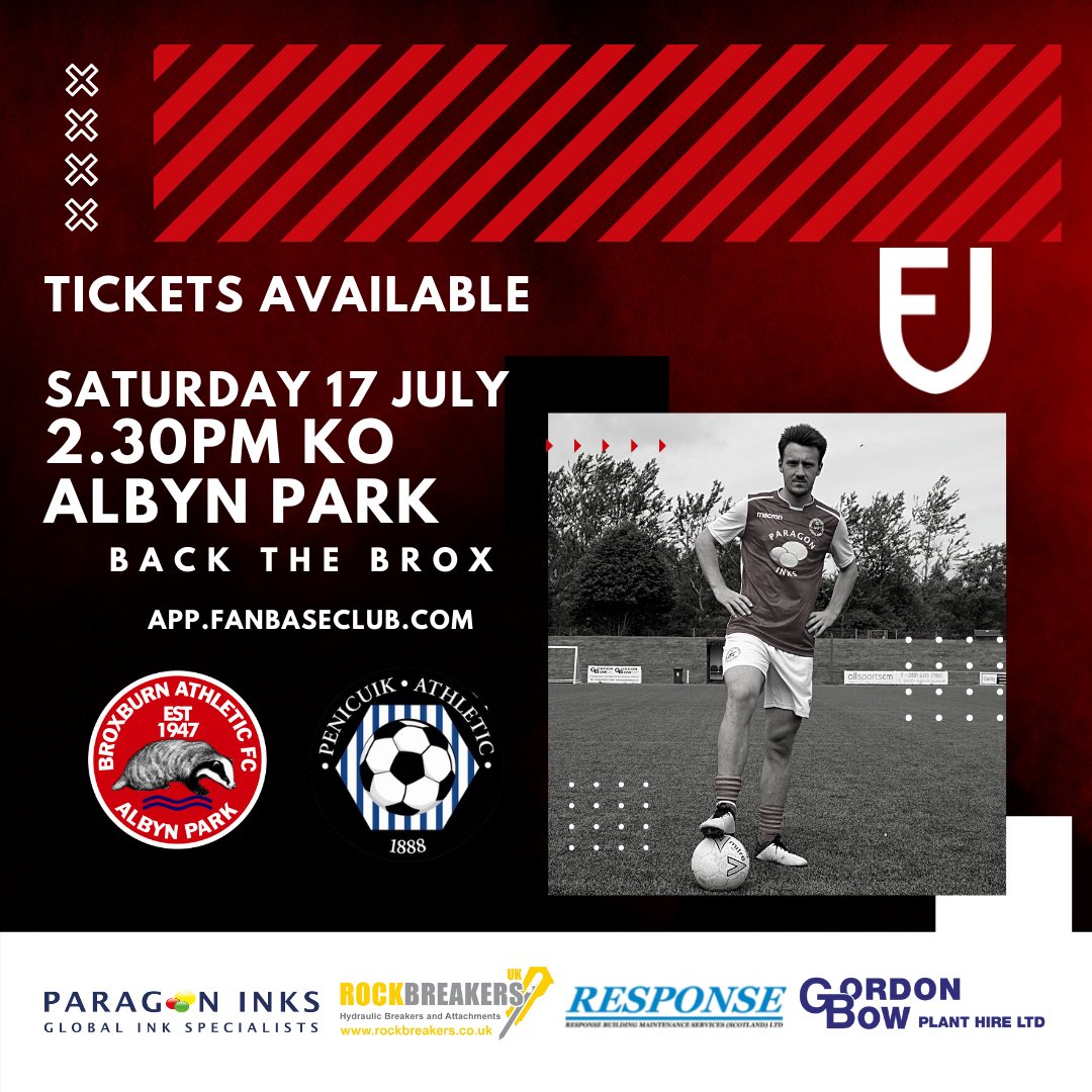 Broxburn Athletic FC (@broxburnathfc) on Twitter photo We face <a href="/PenicuikAth/">Penicuik Athletic</a> on Saturday in the league opener at Albyn Park.
Tickets available app.fanbaseclub.com/club/broxburn-…
Cash tickets available Thursday 15 between 7.30-8.30 at Albyn Park only. No cash gate on match day. We face <a href="/PenicuikAth/">Penicuik Athletic</a> on Saturday in the league opener at Albyn Park.
Tickets available app.fanbaseclub.com/club/broxburn-…
Cash tickets available Thursday 15 between 7.30-8.30 at Albyn Park only. No cash gate on match day.