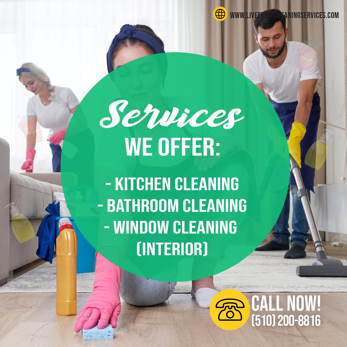 LiveFreshClean's tweet image. Looking for a reliable cleaning service?

We’re here to help! Give us a call and we’ll give you a quote on the service you’re looking for.

Our number is 510-200-8816. 

If you’re a new client, you’ll get a 20% discount on your first service. ;)

#LiveFresh
#CleaningServices
#CA