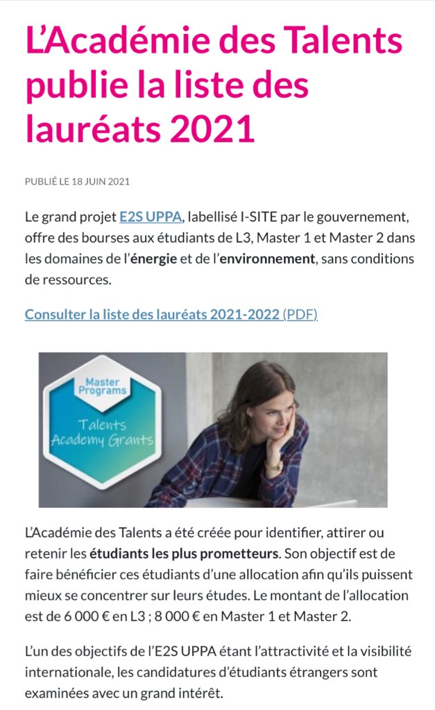PauGeoNews's tweet photo. 3 étudiants de la formation #Géographie et Aménagement (Licence et Master) font partie des lauréats 2021 de la bourse de l’Académie des Talents @E2sUppa. Cette bourse est attribuée sur des critères académiques et récompense les meilleurs étudiants. 
https://t.co/7j3T6saz8u https://t.co/ivECMknEqX