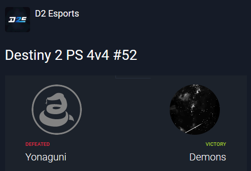 Congratulations to the winners of the #Destiny2 4v4 Tournament on PlayStation #52 🏆 

🥇<a href="/ImVersacce/">Sace🦠🧪</a>
🥇@Paraanoids
🥇@aySkooby
🥇<a href="/ItsCrescentRose/">Crescent</a>

Also congratulations to the runner-ups

@SolidPvP_
🥈<a href="/Yanxis_/">yanxis</a>
🥈@xXK3V1N007XxPR
🥈@zJooshy
🥈<a href="/Eljoor1/">Eljoor</a>

#D2Esports #D2E