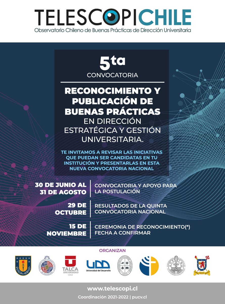 UniversidadesG9's tweet photo. Compartimos la 5ta Convocatoria de @telescopichile de Reconocimiento y Publicación de Buenas Prácticas en Dirección Estratégica y Gestión Universitaria. Más detalles aquí ⬇ https://t.co/suTh3FAvlR