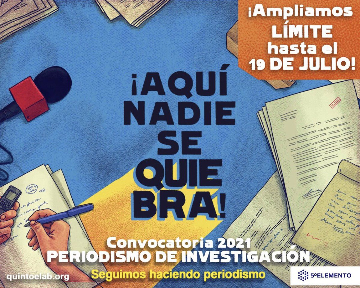 alejandra xanic (@xanic) on Twitter photo Se amplía el plazo para postular a la convocatoria de periodismo de investigación <a href="/quintoelab/">Quinto Elemento Lab</a> Originalmente vencía este miércoles. Ahora tienes hasta el 19 de julio a las 23:59 para participar. Se amplía el plazo para postular a la convocatoria de periodismo de investigación <a href="/quintoelab/">Quinto Elemento Lab</a> Originalmente vencía este miércoles. Ahora tienes hasta el 19 de julio a las 23:59 para participar.