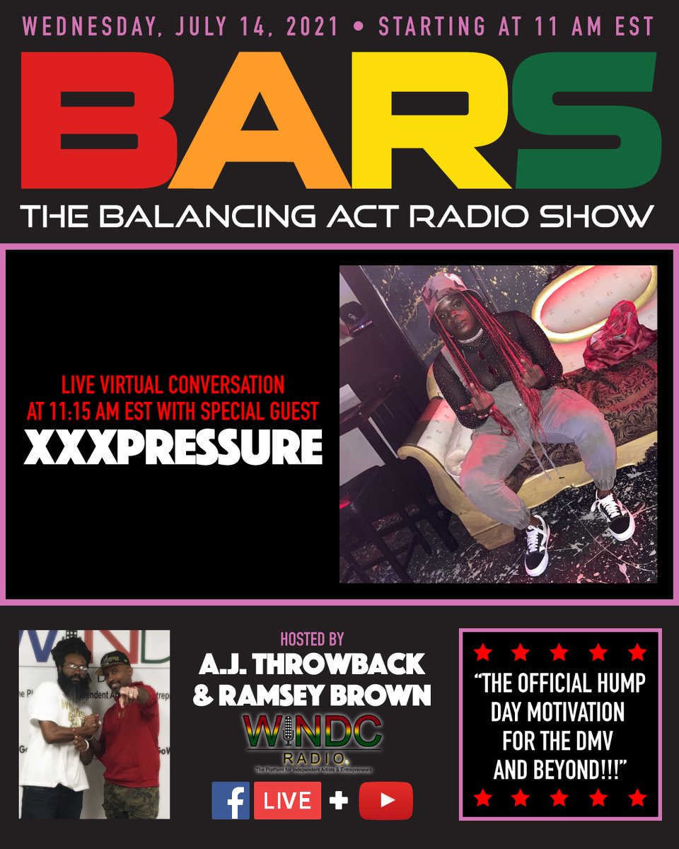 Please tune in TMRW for #BARS #HomeGameEdition w/ <a href="/AJThrowback/">A.J. Throwback</a> x <a href="/PHAR110/">Ramsey Brown</a> x special guest <a href="/XXXPRESSURE1/">XXXPRESSURE🌈</a> only on <a href="/WINDCRadio/">WINDCRadio</a> via #FacebookLive x #YouTubeLive powered by <a href="/GoWinMedia/">GoWin Media LLC</a> 🔥🔥🔥🔥🔥!!! #TeamBARS❤️🧡💛💚 #HumpDayMotivation #DMV #Philly #singersongwriter