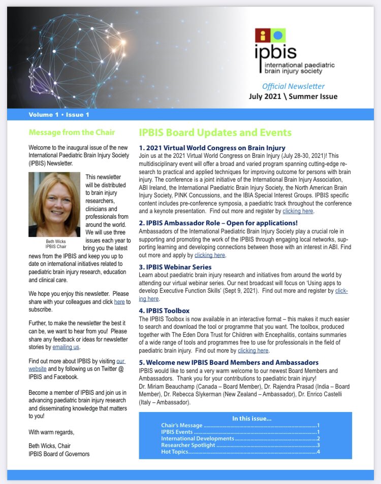 Get your hands on the first ever @IPBIS newsletter! internationalbrain.org/uploads/docume… Lots of exciting content for those working in the world of #PaediatricBrainInjury Plus sign up to receive future newsletters straight to your inbox! #HotTopics #ResearcherSpotlight #InternatDevelopments