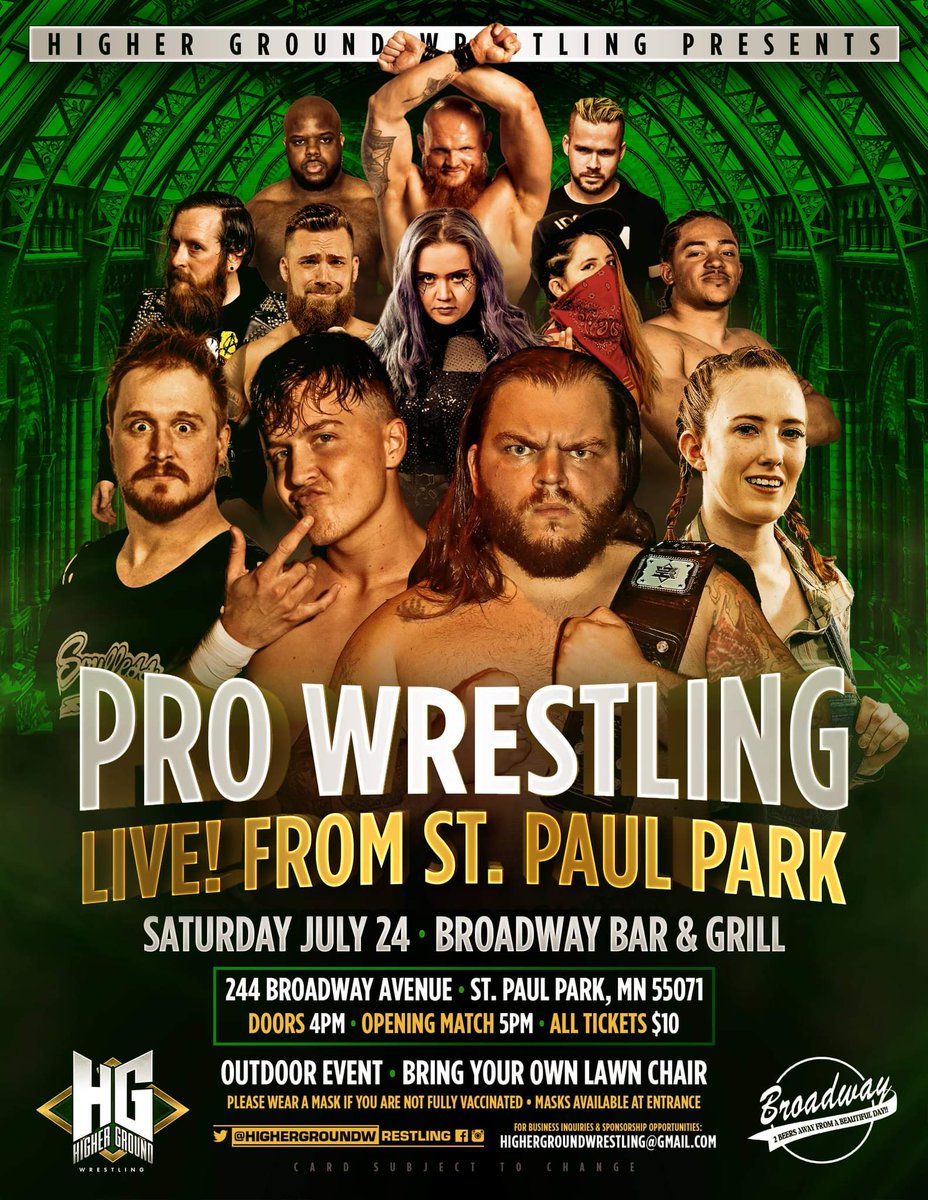 Just a few weeks away!

Sat July 24th #LiveFromStPaulPark!
Gates Open @ 4 PM | Opening Match @ 5 PM
All Tickets $12 &amp; Available Day Of Event!

This is an outdoor event - bring a lawn chair! 

#HigherGroundWrestling