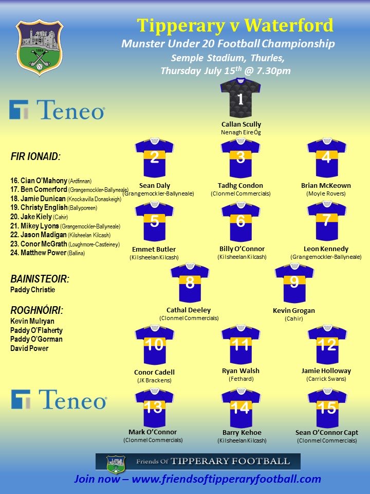Big fan of this Tipp football team. Played some great football to beat Limerick last week. One step away a from a Munster final. Unchanged for Thursday and led by Sean O Connor #Football