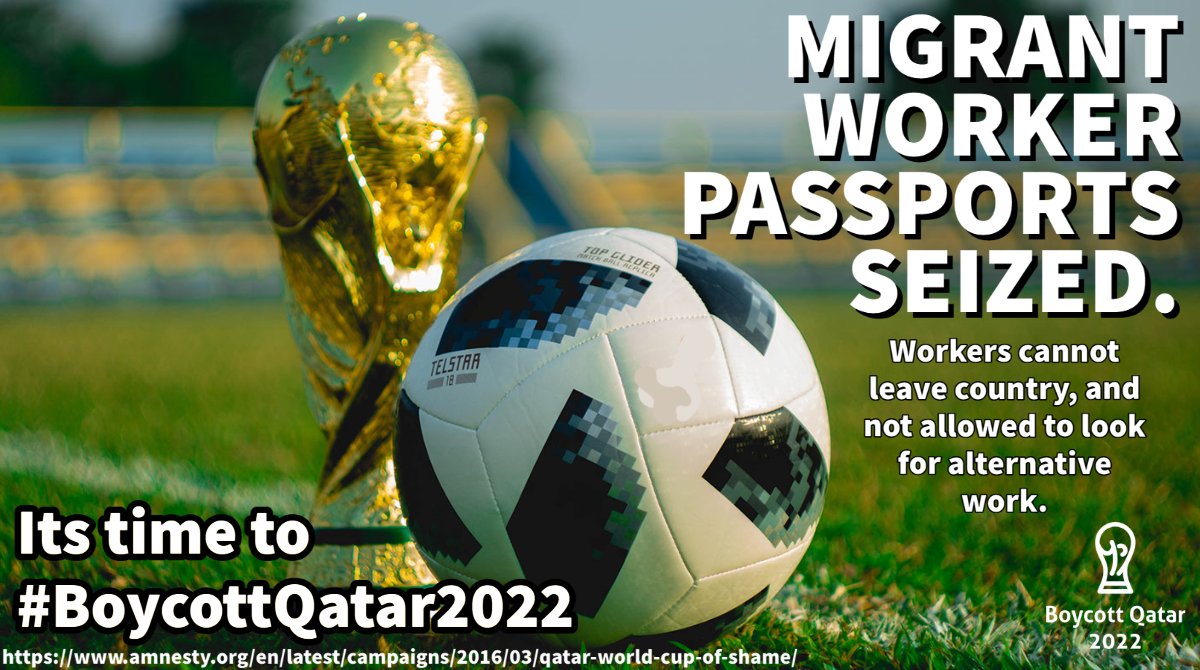 Many migrant workers had their passports seized so they cannot leave #Qatar to go home. Migrant workers are also not allowed to search for different jobs (<a href="/amnesty/">Amnesty International</a>). This is #moderndayslavery. 

Stand against this. Join us and #BoycottQatar2022.