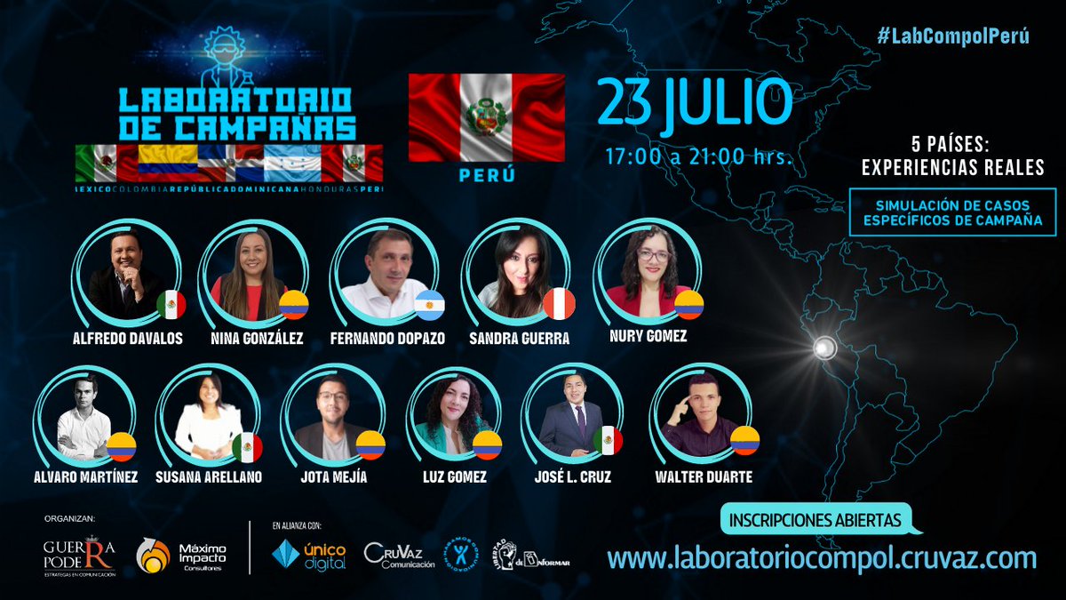 GuerrayPoder's tweet photo. ⚗️ LABORATORIO DE CAMPAÑAS 🧪 #LabCompolPerú
📍Edición #eleccionesperu2022 🇵🇪
🔗 Inscripción gratuita: https://t.co/oIaqV6S0CV
📍 Conoce más de nuestros LABORATORIOS: https://t.co/iofqvCivAu
🗓️ 23 DE JULIO
🕘 5:00 a 9:00 PM - Hra. 🇵🇪🇨🇴🇲🇽
#Elecciones2021 #compol https://t.co/Hya8JA5vRW