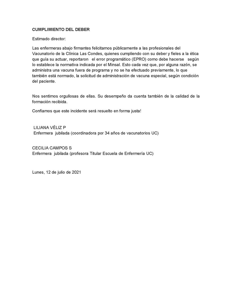 FColega's tweet photo. Comparto carta enviada a El Mercurio que no fue publicada, la envían las enfermeras Cecilia Campos y Liliana Véliz @uc_enfermeria 
Por favor difundir! https://t.co/iMQKhaowUe