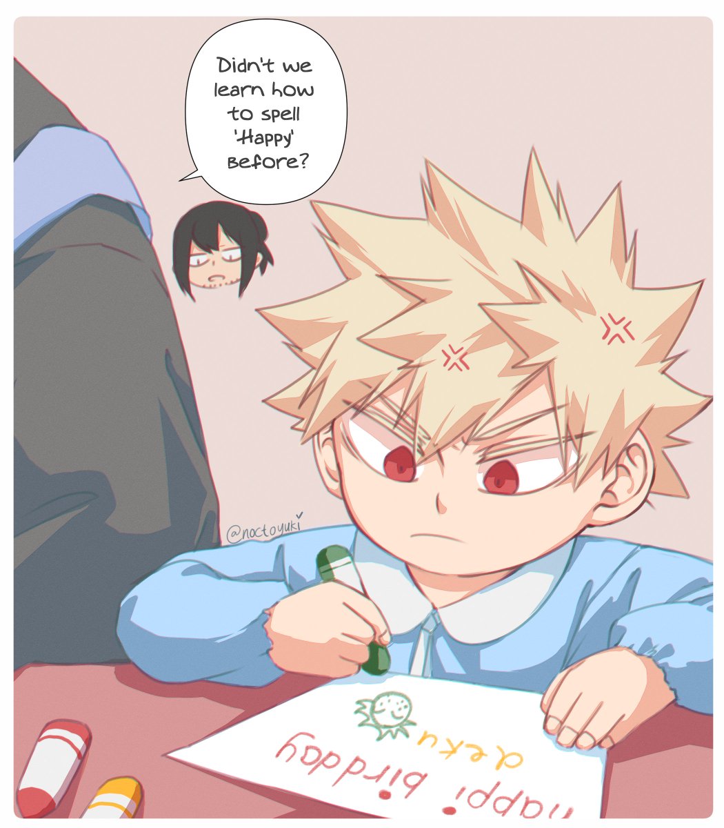 IT'S TOMORROW!! (at least for me) 😳IZUKU'S DAY!
This is the last countdown art, featuring the smol bkdk and Aizawa.

Aizawa: *looks at Kacchan's writing* "Do you need help?"
Kacchan: "I got this!" 