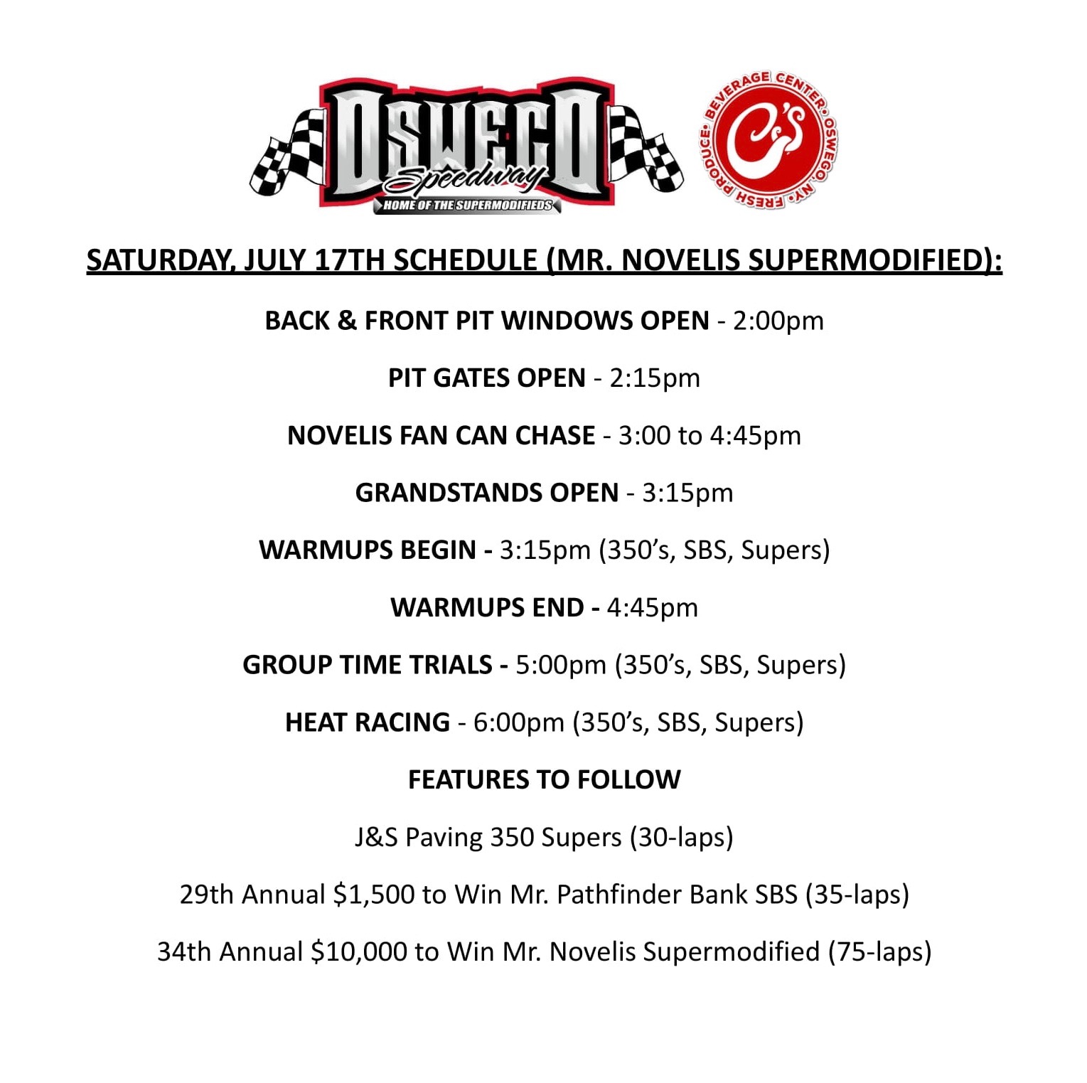 Oswego Speedway on Twitter "Time schedule for Saturday night’s 10,000