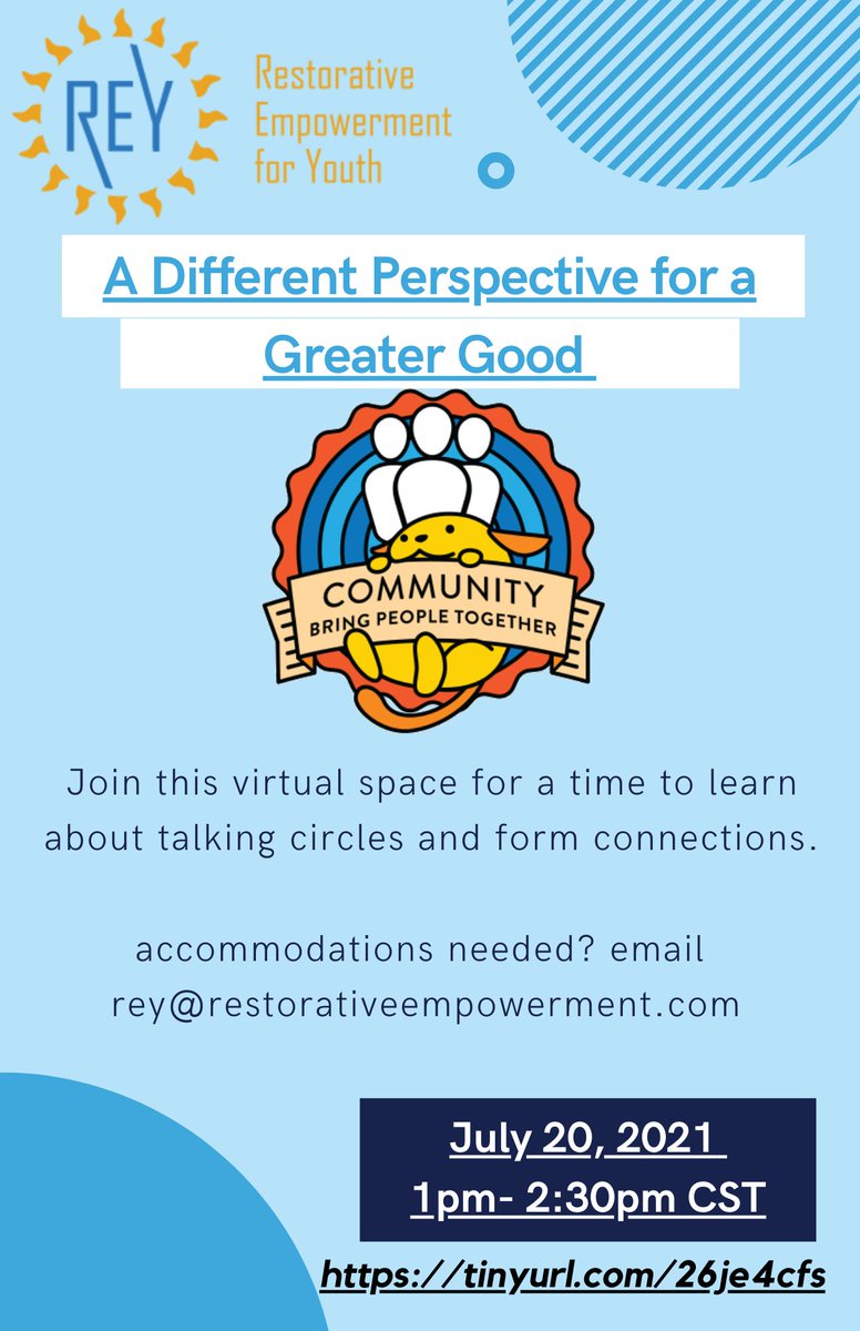 RestorativeFor's tweet image. Participants of this experience will have an opportunity to learn about Talking circles, when to use them and how to apply such practices to building positive spaces.