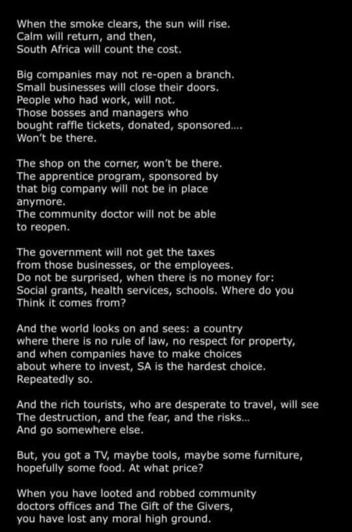 MysticFairy31's tweet photo. #SouthAfricaIsBurning #duduzilezuma #mallofafrica #looters Think of the consequences people!!! https://t.co/WS2kUE3mdc