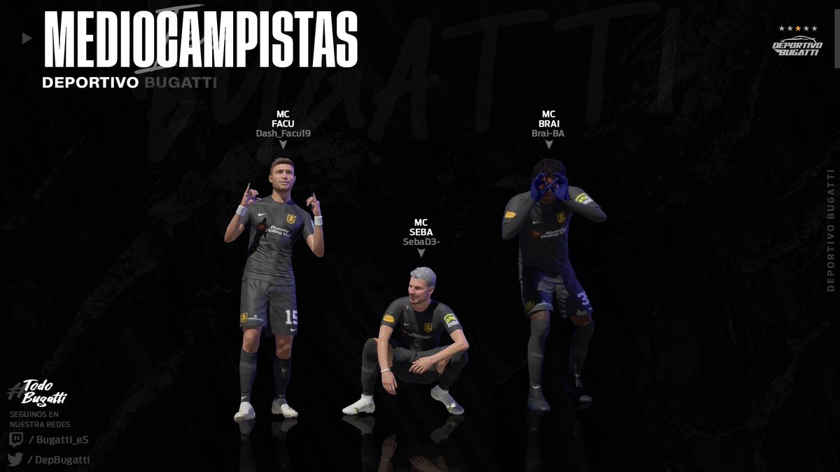 ⚖ Mediocampistas ⚖

Nuestros mediocampistas que seran el eje del equipo esta temporada: <a href="/Dash_Facu19/">Dash_Facu19</a>, <a href="/Sebadualde/">Seba Dualde</a>, <a href="/BraiBA_/">brai</a>.

#SomosBuggati