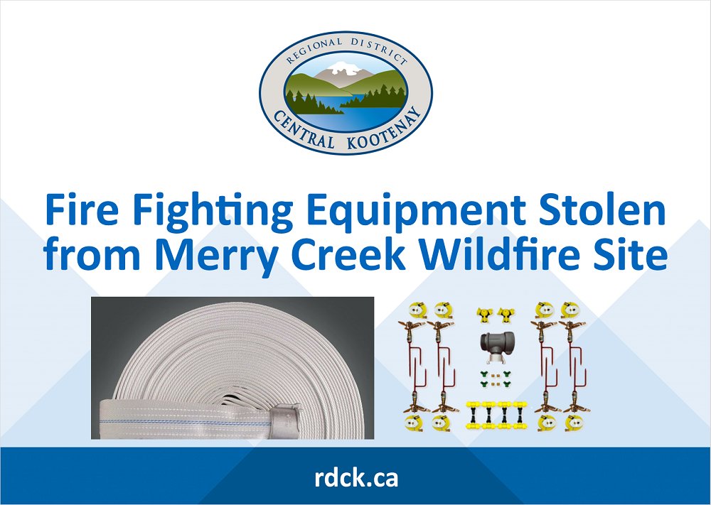RDofCK's tweet image. RDCK Media Release - Fire Fighting Equipment STOLEN from Merry Creek Wildfire site. If you have any information please contact Castlegar RCMP's non emergency line at 250-365-7721. Follow the link for the complete details: rdck.ca/EN/meta/news/n…