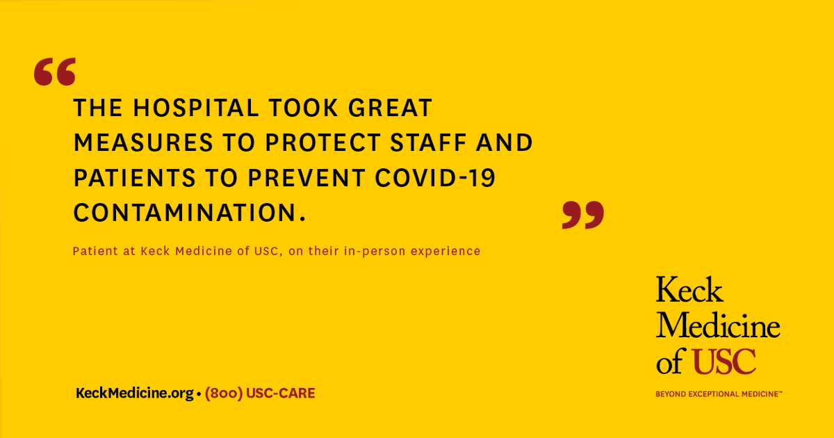 KeckMedicineUSC's tweet photo. Excellence in patient care and safety is a critical part of our daily mission. We want to ensure the safety and protection of our physicians, nurses and staff especially during a pandemic like COVID-19. Hear from our patient about their experience. https://t.co/cZDNi4Ja6a https://t.co/xU3nnuQv1l