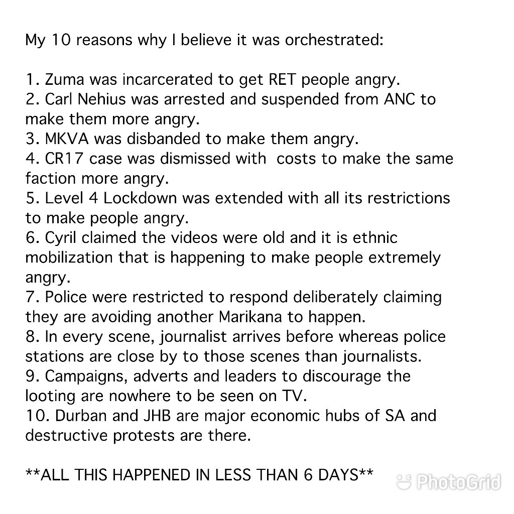 10 reasons why this all could have been orchestrated. #KZNViolence #KZNProtests #SouthAfricaIsBurning #SouthAfrica #SouthAfricaShutDown #SAShutdown #ShutdownSA #SouthAfricaBurning #GautengShutdown #GautengProtests