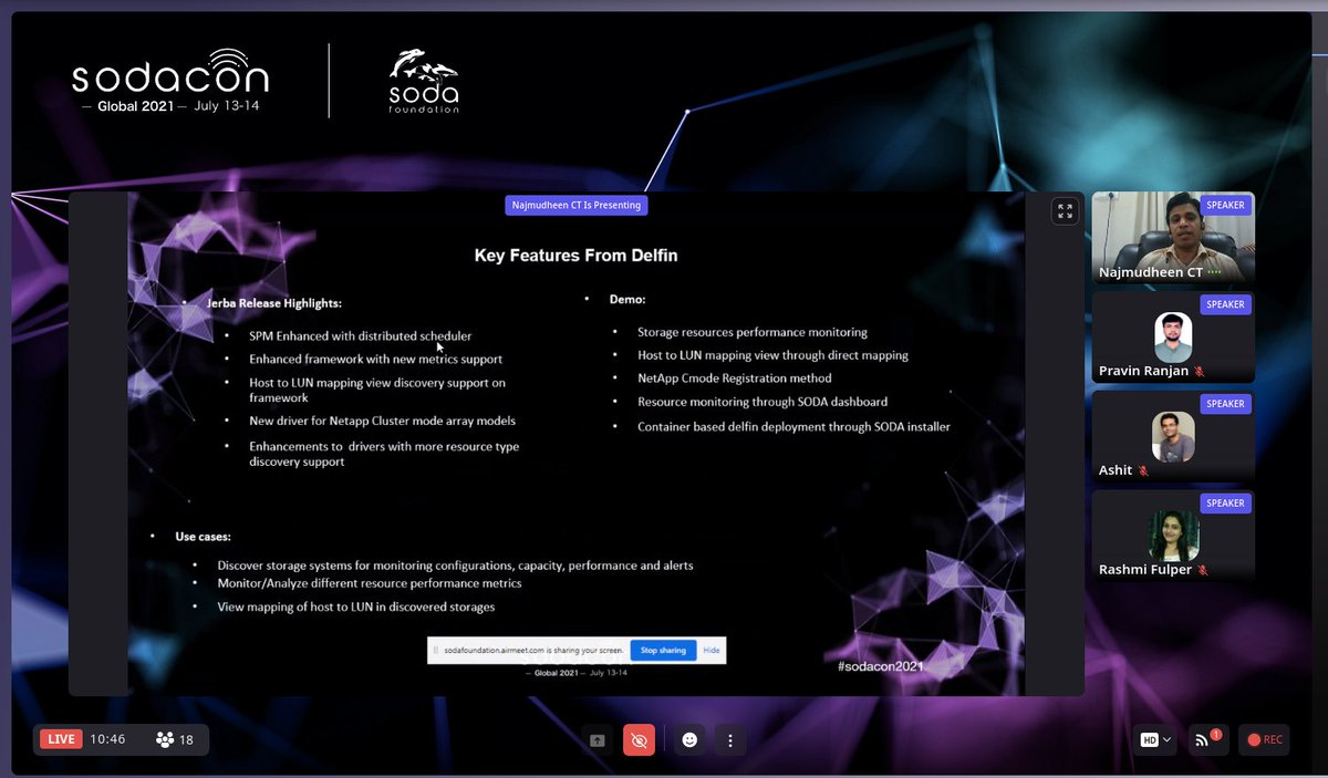 sodafoundation's tweet image. @ashit_kumar10 @najmuct @10PravinRanjan & Rashmi Fulper presented and demonstrated the features in the latest release of the #OpenDataFramework, SODA Jerba v1.4.0. at #sodacon2021