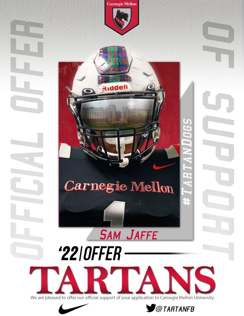 So honored to have received my first offer from <a href="/TartanFB/">Carnegie Mellon Football</a>!!! Thank you so much <a href="/CoachGibboney/">Coach Gibboney</a>!!!  <a href="/MA_Fball/">Milton Academy Football</a> <a href="/TrainTimeless/">Brian Pickard</a> <a href="/ScottyPrince10/">Scott Prince</a>