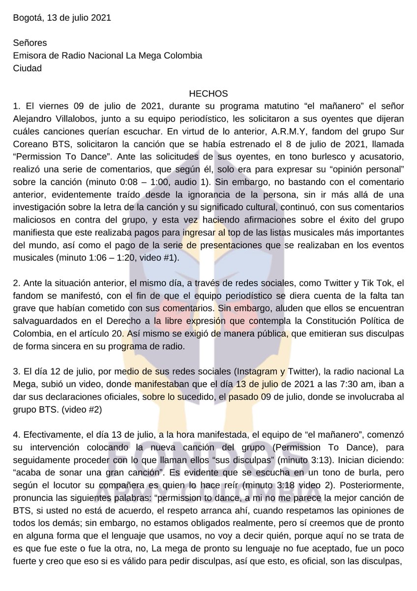 btsarmycol_'s tweet photo. 📝 Comunicado Oficial #2 

Pronunciamiento de @FondosARMYCol frente a las situaciones negativas presentadas por @LaMega los días 09/07 y el 13/07

📍Leer con atención. 

🔄 Ayúdanos a difundir. https://t.co/iGoOsSvboF