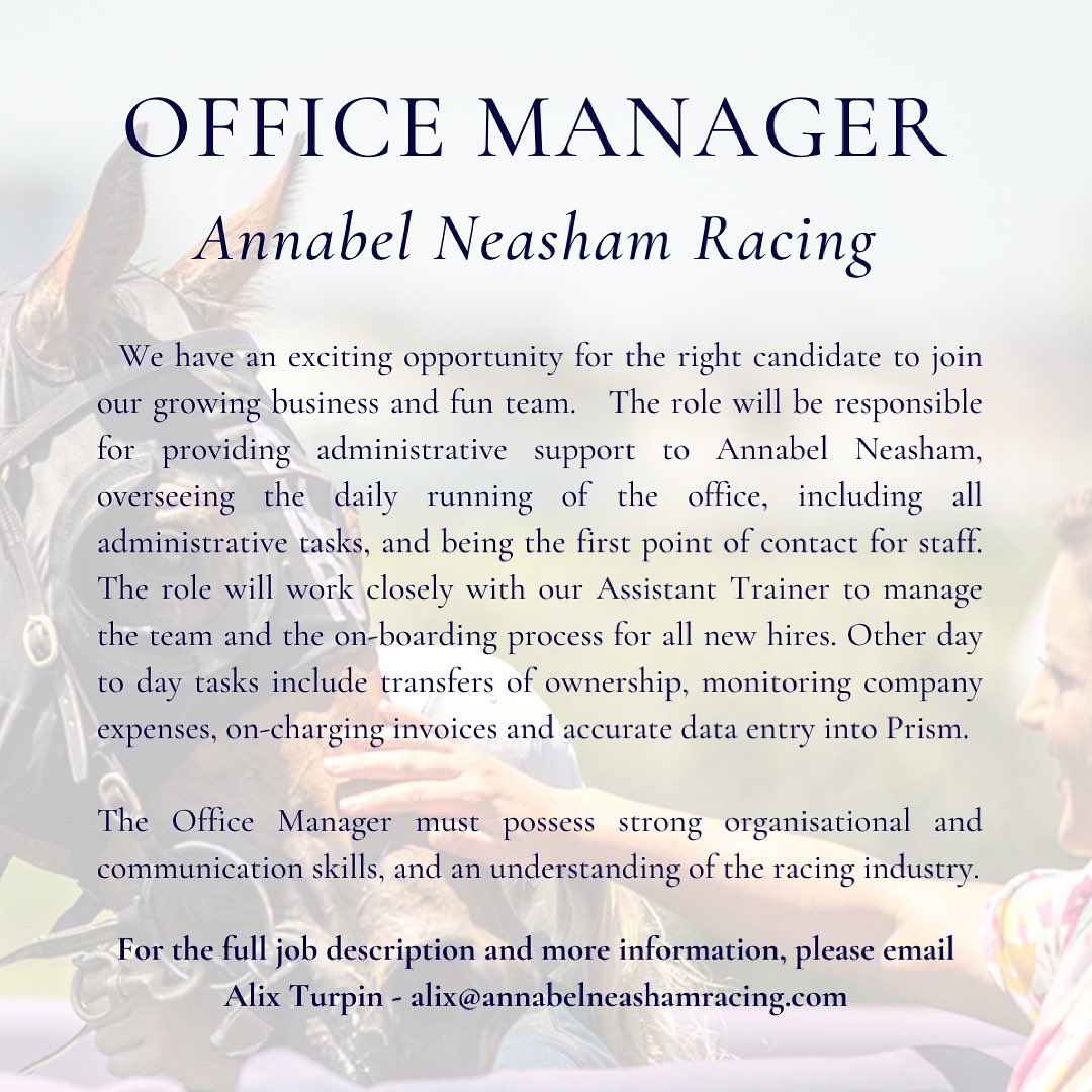 **WE ARE HIRING** Are you looking for a new opportunity within an exciting team? We are looking for an experienced Office Manager to join us at our Warwick Farm office in Sydney. If you’d like to know more, get in touch with Alix - alix@annabelneashamracing.com #racingjobs #jobad