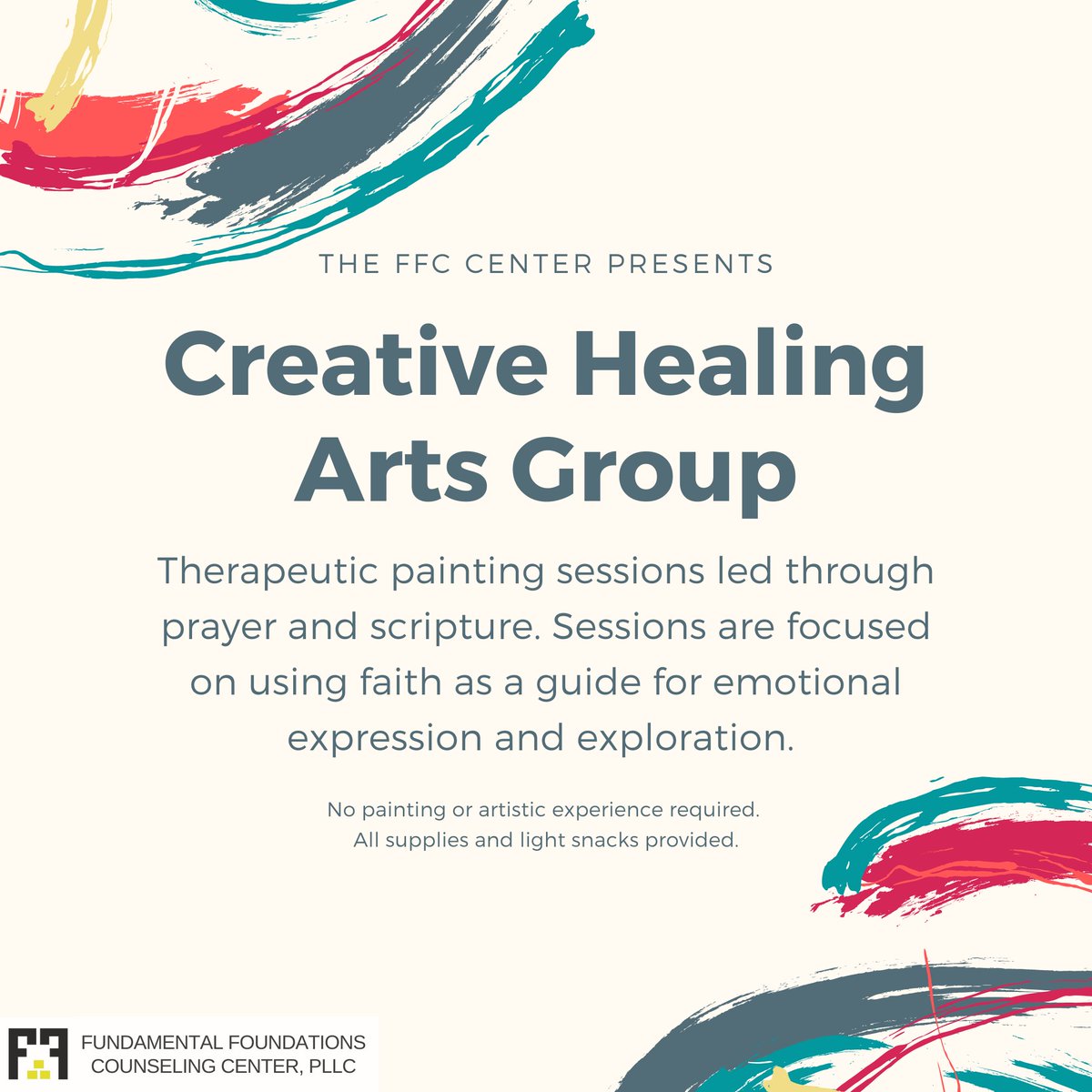 TheFFCCenter's tweet image. The Creative Healing Arts Group is a 3-hour Holy Spirit led session that uses painting as a form of expression. Sessions will begin on July 23rd from 10AM-1PM. Call now (214) 475-0345 to reserve your spot as space is limited. #nonjudgmentalspace #discovernewperspectives