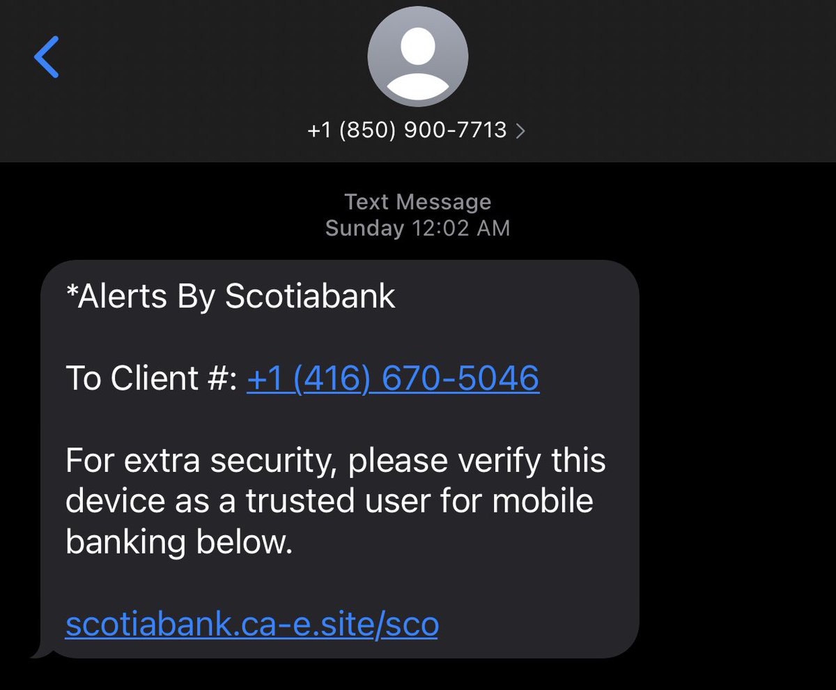 michaelglee416's tweet photo. @ScotiabankHelps I’m skeptical that this is real. Smells like a scammer. Received this sms text on Sunday. Is this legit? #scam #fraud #scammer #Scotiabank (Screenshot of sms text asking me to confirm on supplied link for extra security.) https://t.co/kT3jOaahaR