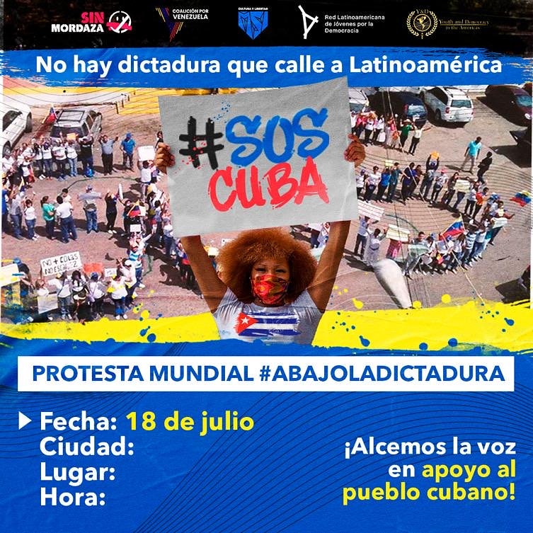 Acompáñanos en la protesta mundial por #Cuba #AbajoLaDictadura este #18 Jul.

#SOSCuba #PatriaYVida