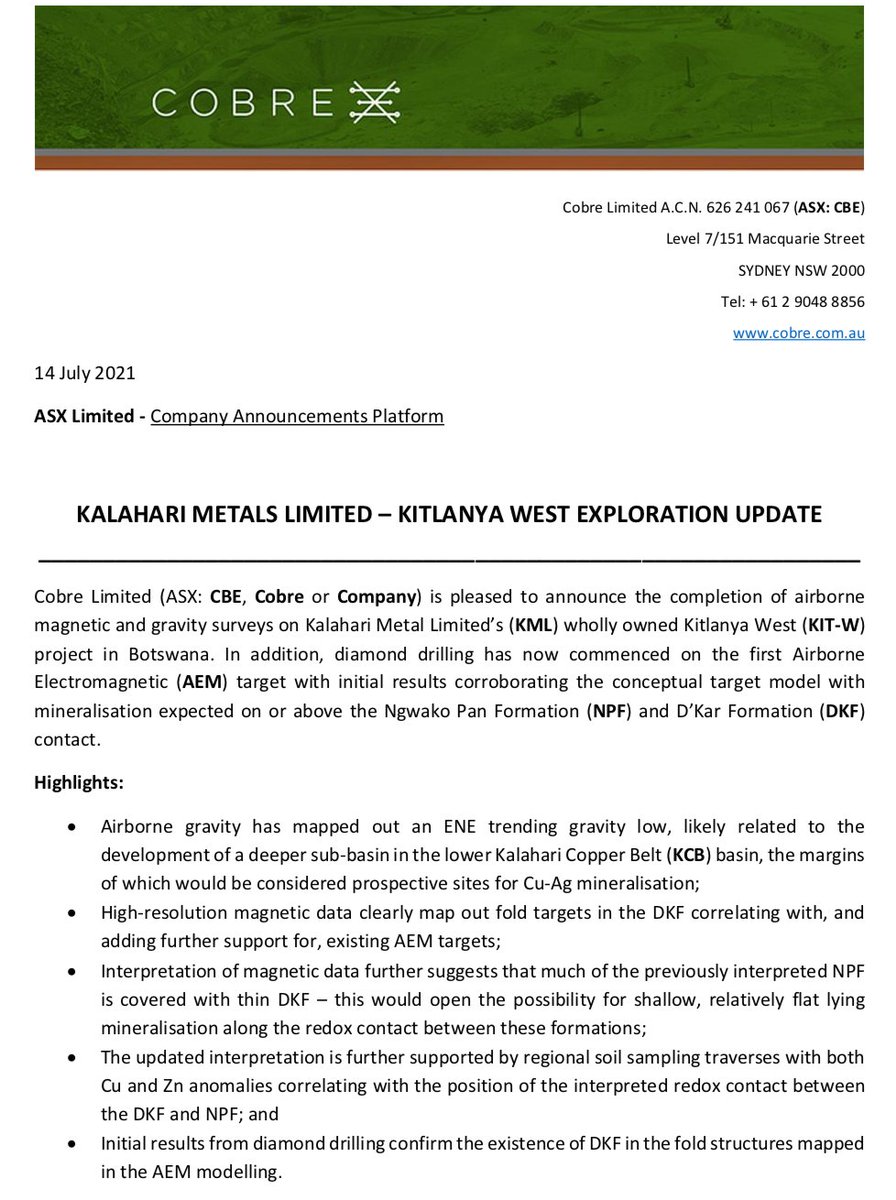 $CBE announces the commencement of diamond drilling and the completion of airborne magnetic and gravity surveys at the Kitlanya West Project in Botswana. #copper #exploration #drilling #mining #asx #africa #renewableenergysources ASX: cdn-api.markitdigital.com/apiman-gateway…