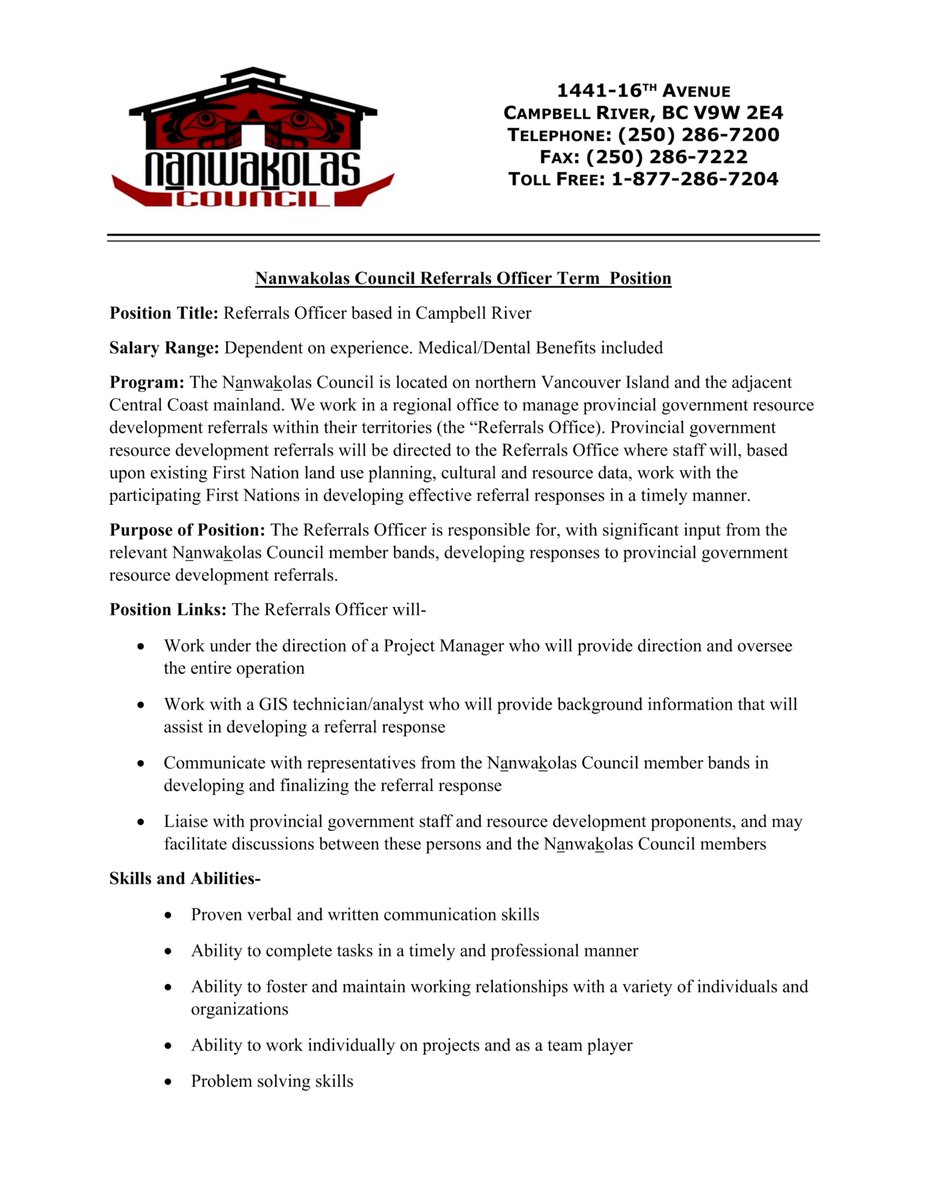 coastfunds's tweet photo. [JOB ALERT] Are you passionate about #Indigenous land use planning and cultural and resource data? 

The Nanwakolas Council is looking for a Referrals Officer to join their team! 

Deadline is July 16. Details and how to apply below👇 

#fnjobs #bcjobs #indigenousjobs https://t.co/gPO3E7LmK8