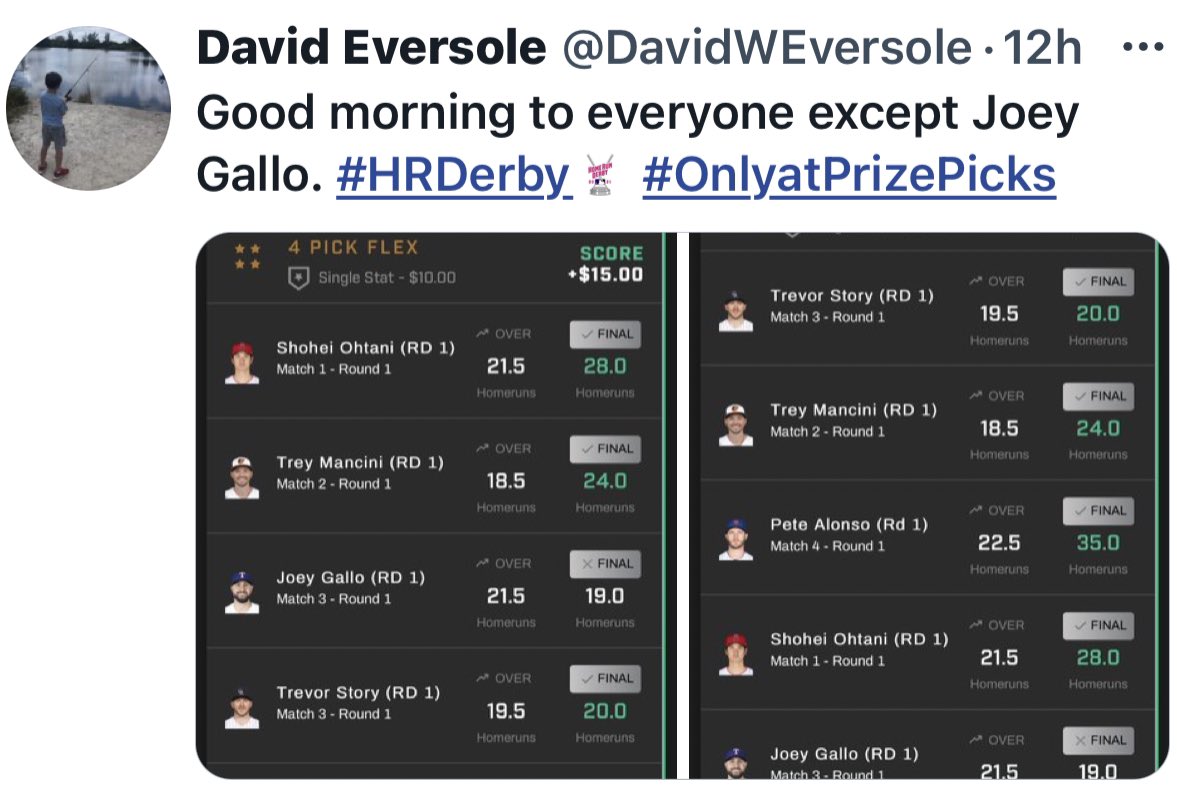 PrizePicksOn5's tweet photo. David x2 are not big fans of Joey Gallo today but made some easy money on the home run derby

https://t.co/pYypIu6x7R bonus code: FIVE
#dfs https://t.co/VHMSMEK7HH