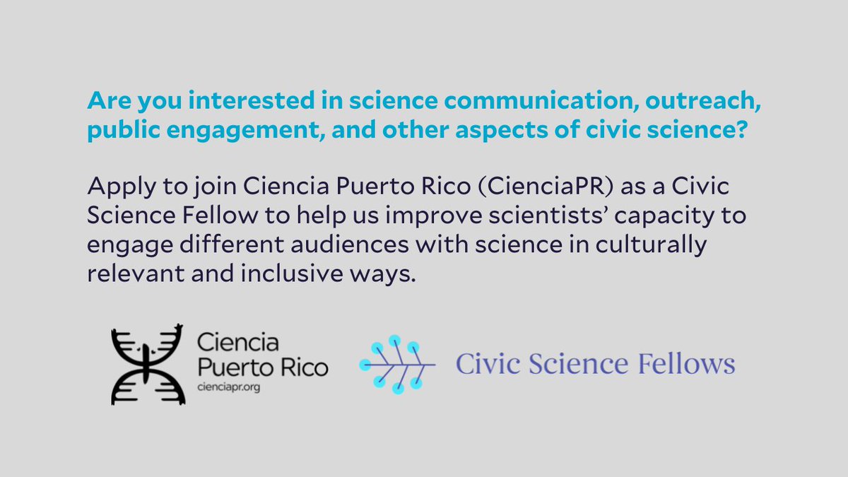 moefeliu's tweet photo. Exciting news! @CienciaPR is hosting a #CivicScienceFellow to help us improve scientists’ capacity to engage different audiences with science in culturally relevant and inclusive ways. For more info about the position and to apply 👉🏽https://t.co/D6qHEiOWXZ #scicomm #sciengage https://t.co/X1Jcmbxtm0