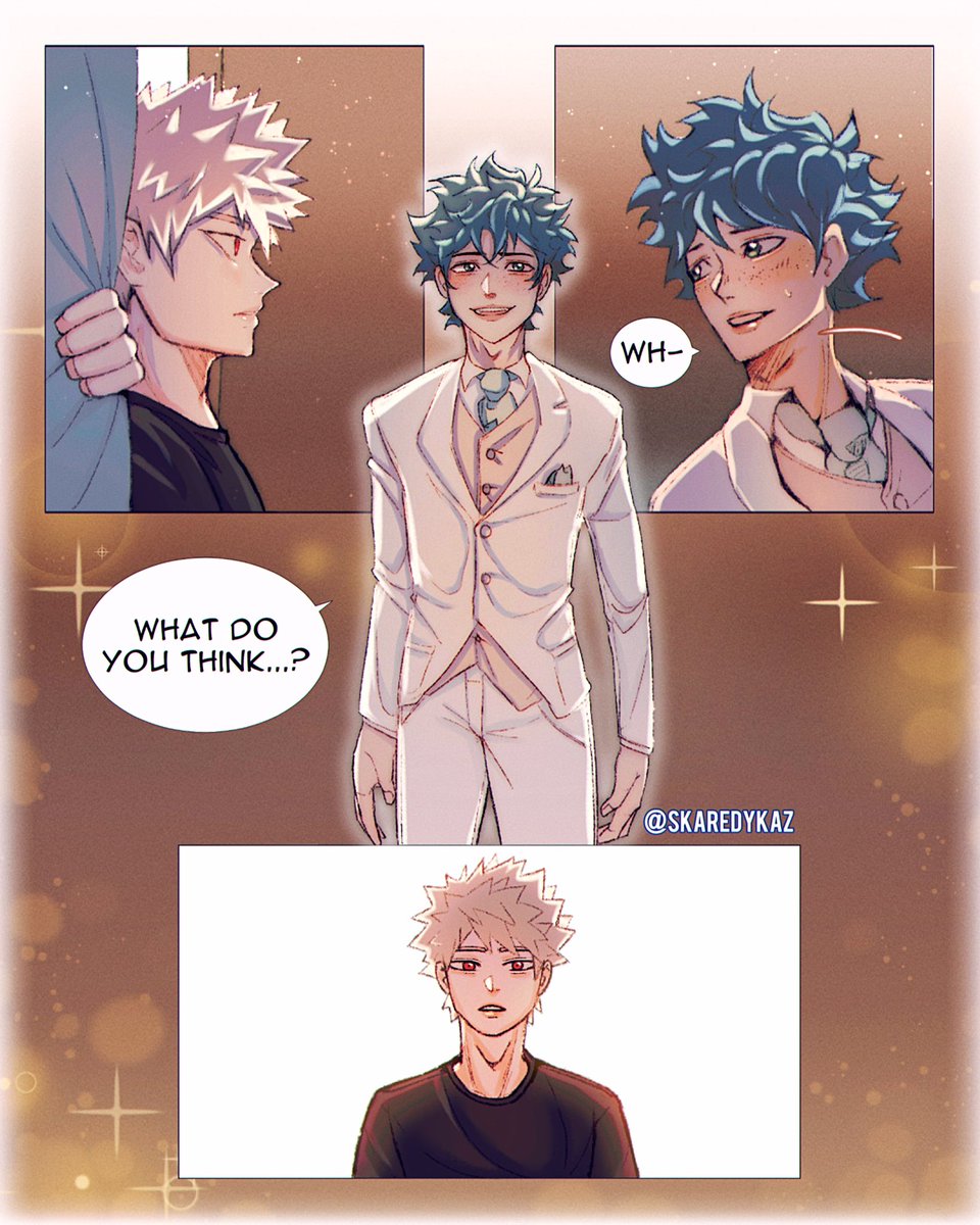 "Izuku stared at the mirror for minutes. He was going to marry. Now that he'd decided on the clothes, the fact that he was going to marry felt so real."

Drew more fanart for @lrnbkdk `s fic, "just Like Breathing", I've been wanting to draw the suit shopping scene for ages! 💚🧡 