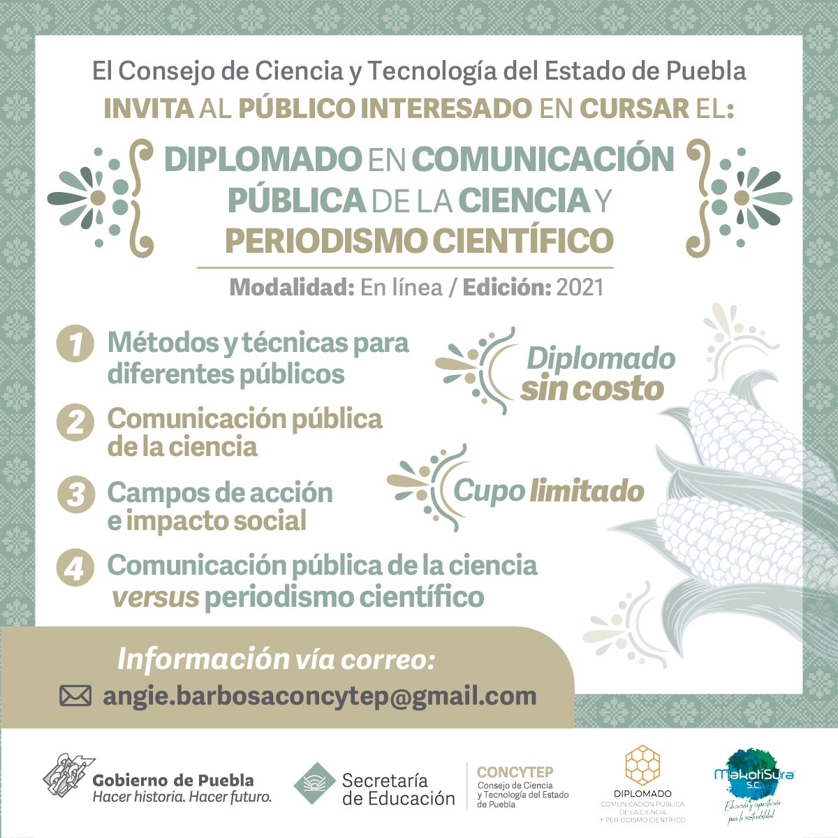 aguaorgmx's tweet photo. 📢El Consejo de Ciencia y Tecnología del Estado de Puebla te invita a realizar el diplomado en “Comunicación pública de la ciencia y periodismo científico”.
¡El diplomado es gratuito!
👇Más información en:
https://t.co/9IqoEKUJ4R https://t.co/p19lOV8n7v