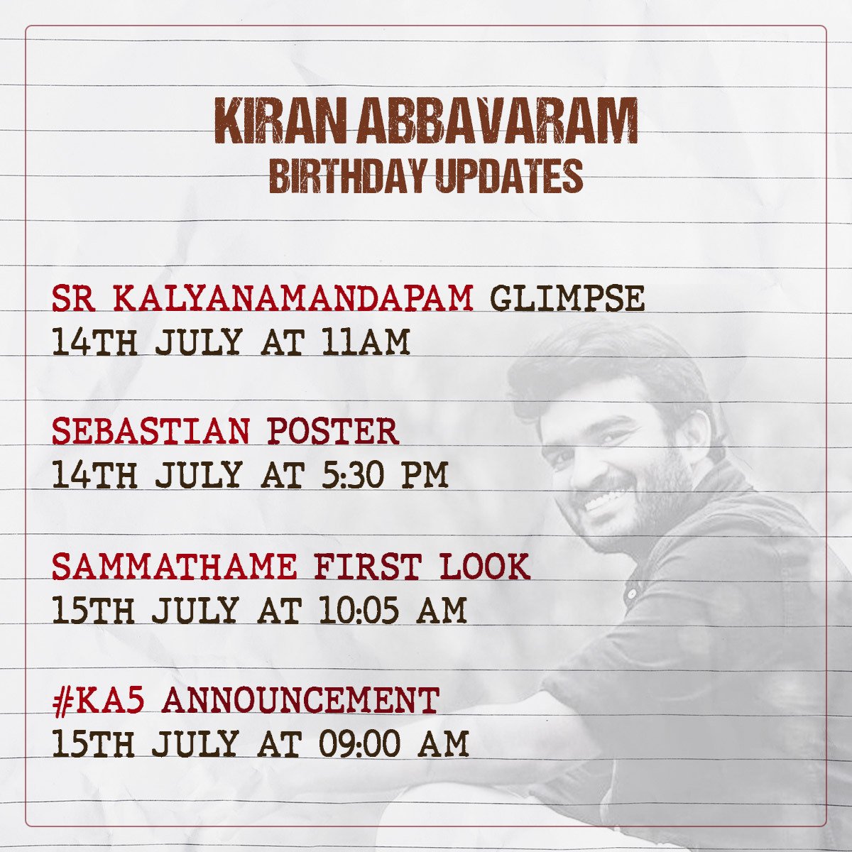 Boxoffice70mm's tweet photo. A lot to look forward to! 
All updates good and exciting, we’re coming to you with everything pumping!!!

@Kiran_Abbavaram #KiranAbbavaram 
#SRKalyanamandapam
#SRK
#SebastianPC524
#Sammathame
#KA5 #HBDKiranAbbavaram https://t.co/gfvth5vu2q