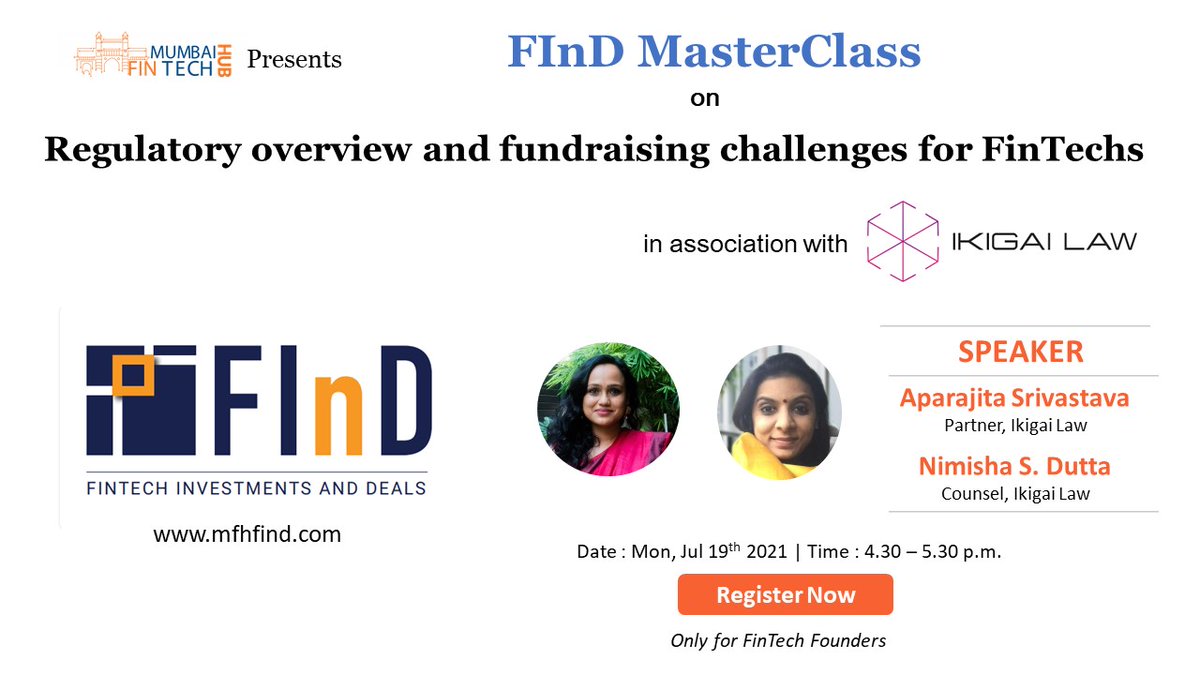 FInD - FinTech Investments and Deals (@findfintech) on Twitter photo FInD is pleased to announce its second MasterClass secession on 'Regulatory overview and fundraising challenges for FinTechs' hosted by <a href="/ikigailaw/">Ikigai Law</a>.
Please register here to get the MasterClass joining link: forms.gle/RoL7Zuis3YzWF8… FInD is pleased to announce its second MasterClass secession on 'Regulatory overview and fundraising challenges for FinTechs' hosted by <a href="/ikigailaw/">Ikigai Law</a>.
Please register here to get the MasterClass joining link: forms.gle/RoL7Zuis3YzWF8…