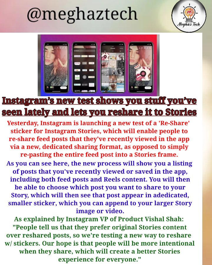 meghaztech's tweet photo. Instagram's new test shows you stuff you've seen lately and lets you reshare it to stories... ❗❗
#Instagram #NewTest #reshare #InstagramStories #meghaztech 
https://t.co/G27j1I9rhQ
https://t.co/JPXy6CqvTU
https://t.co/NzcmbeFOQg
https://t.co/Qktrzg7a1j
https://t.co/Sflxz1i1iH https://t.co/N3tO36uKKY