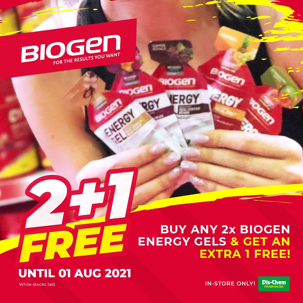 Get ready to #BeYourBest on-the-go 🏃‍♀️🚵‍♀️🏊‍♂️ 
2+1 FREE! 

Try our #EnergyGels for a quick energy boost while on the bike 🚲 or out for a run 🏃 - super tasty and effective! 
🛒 <a href="/Dischem/">Dis-Chem</a> <a href="/Dischem_LiveFit/">Dischem_LiveFit</a> 
Valid until 1 August. 

#Biogen #BeYourBest #endurance #energygel