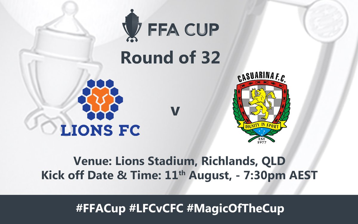Its Official!

<a href="/CasuarinaClub/">Casuarina Football Club</a> will be traveling to Lions Stadium for @FFACup  Round 32 for a match against <a href="/lionsfc1/">Lions F.C.</a> . The match is scheduled for 11th August. Kick off 7:30 PM AEST (7:00pm Darwin Time)

#FFACup #MagicOfTheCup #LFCvCFC