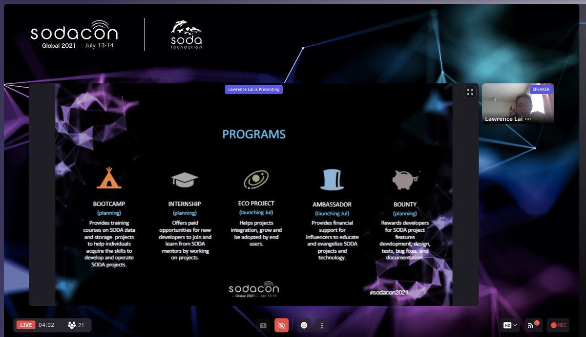 sodafoundation's tweet image. @larryylai wrapping up day 1 of #SODACON2021 with an update on the activities of the SODA Foundation and the ecosystem development that has happened in the last year. #sodaeco #opendataframework