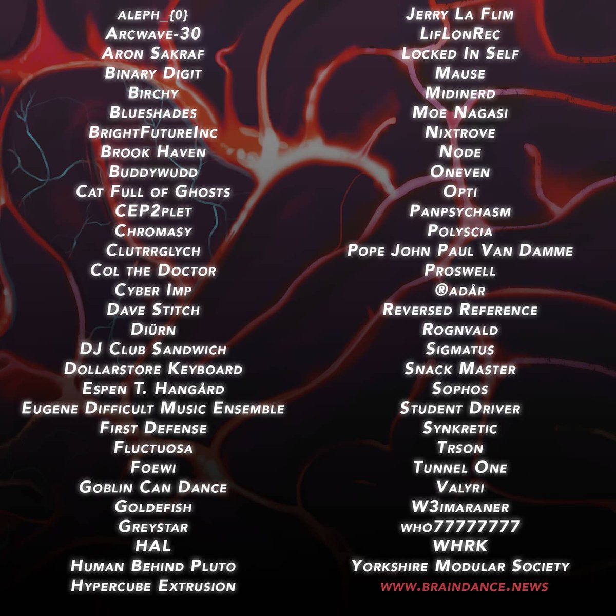 FULL LINEUP! Blown away by how many artists are playing at this BRAINRAVE. Who are you most excited for?

Full schedule will be made available soon at braindance.news :) 

have a great day!

#BraindanceNews
#braindance #IDM #experimentalelectronic #newtechno #breakcore