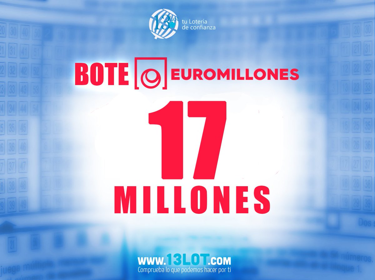 13lot_'s tweet photo. ¡Este  #Viernes seguimos con el gran #Bote de 17 Millones € en #EuroMillones!

Entra en nuestra web y llévatelo por solo 2,50€
https://t.co/cwbg4OLlNW

#loterías #sorteos #sueños #suerte #décimos #DecimosdeLoteria #CompraOnline #13lotcom #Terrassa #CarrefourValles https://t.co/y9TzaD0ajG