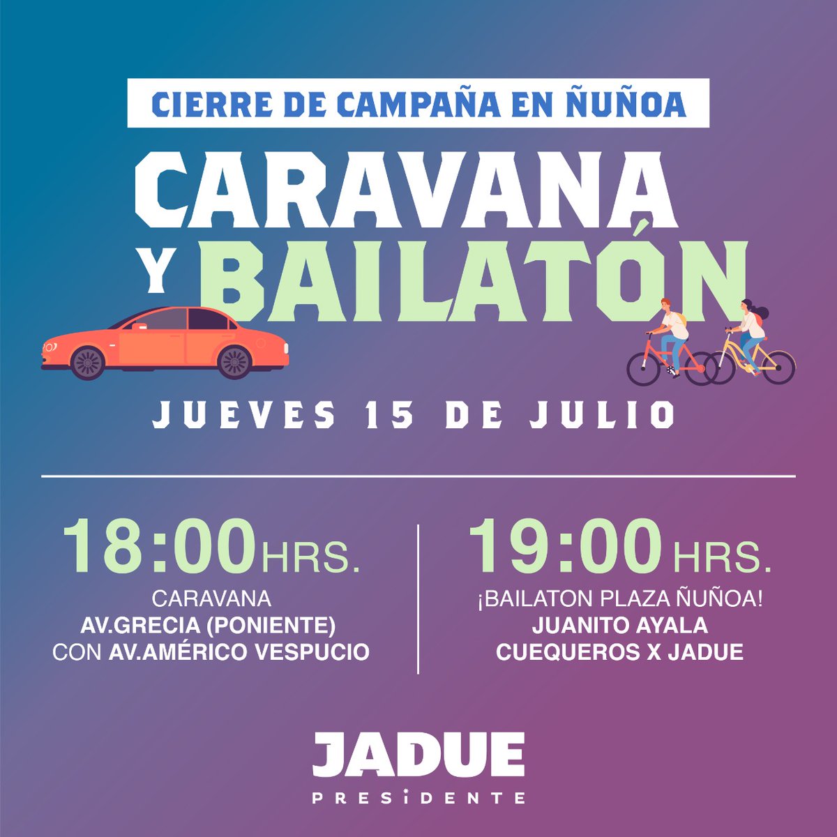 Finalizamos la campaña invitando a tod@s este jueves 15 de Julio en #Ñuñoa. Caravana 18h. (Grecia/Vespucio) Bailatón 19h. en #PlazaÑuñoa. Estamos content@s x el nuevo Chile que estamos construyendo #VenceremosYSeráHermoso 💪🏼❤️ #JaduePresidente #ÑuñoaXJadue