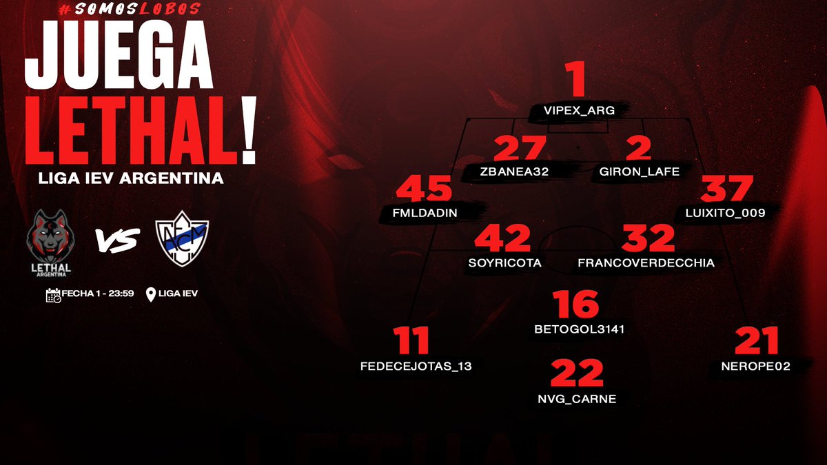 Lethal_ARG (@arglethal) on Twitter photo #FIFA21 || 1ra DIV <a href="/ievargentina/">IEV Argentina</a>
🏆
🗣️ Hoy nuevamente comienza el sueño para este gran grupo de jugadores que van a ir en busca del campeonato.
📅 Fecha 1
🆚 <a href="/EsportsMidland/">Midland eSports</a>
🕛 23:59
❤️🖤 TODO LETHAL
#VamosLobos🐺 #FIFA21 || 1ra DIV <a href="/ievargentina/">IEV Argentina</a>
🏆
🗣️ Hoy nuevamente comienza el sueño para este gran grupo de jugadores que van a ir en busca del campeonato.
📅 Fecha 1
🆚 <a href="/EsportsMidland/">Midland eSports</a>
🕛 23:59
❤️🖤 TODO LETHAL
#VamosLobos🐺