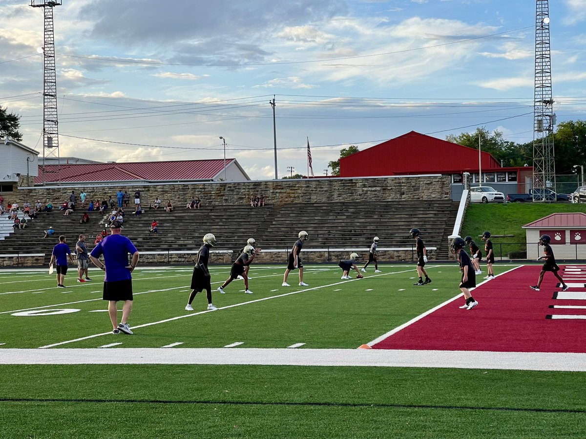 Proud of our Jr. High team last night for great success at 7 on 7 yesterday! They beat Deshler and Brooks, and they tied with Russellville 🏈🟣🟡⚪️ #AllBiteNoBark #GoDogs