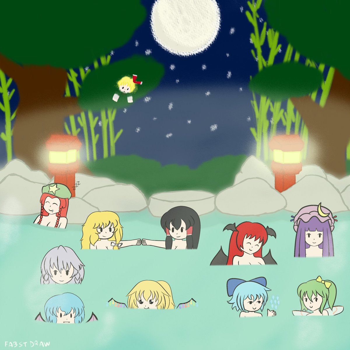 fabstdraws's tweet photo. a small drawing that I made of all the touhou 6 characters in a hot spring.

#touhou #touhouproject #drawing https://t.co/k1HPNlustS