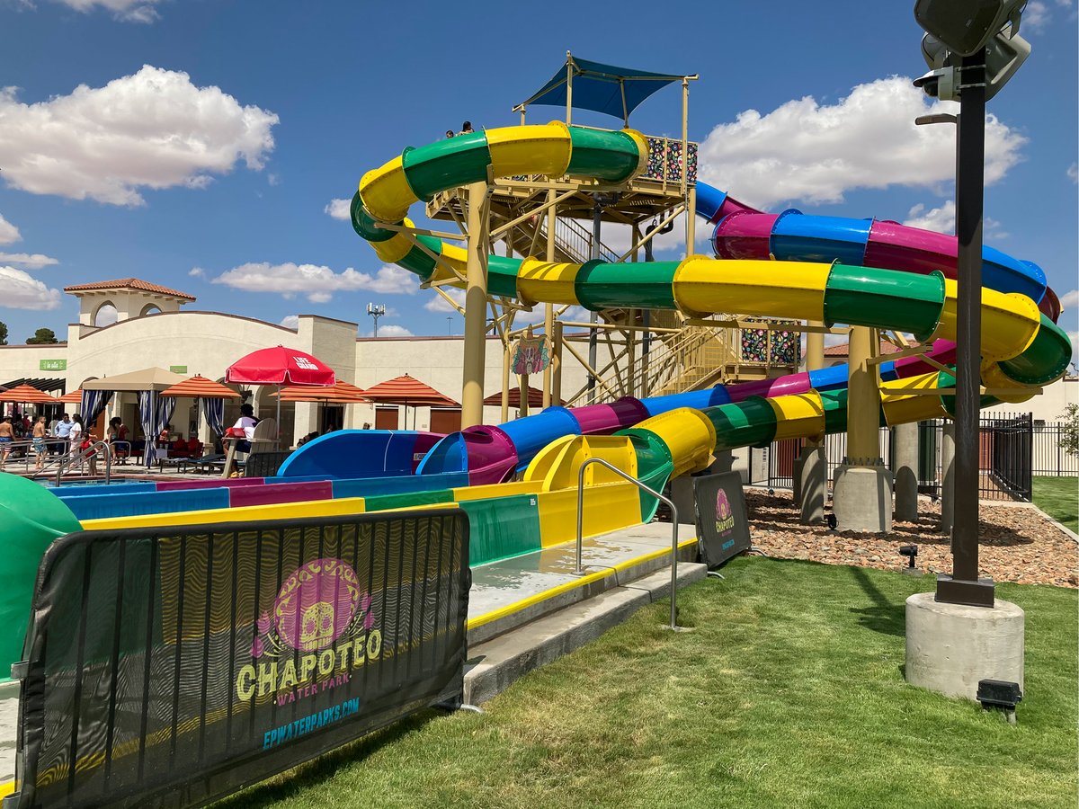 ElPasoTXGov's tweet photo. Earlier today, The City of El Paso celebrated the official grand opening of the Chapoteo Water Park!☀️
The fiesta-themed water park is filled with vibrant colors and festive designs! Features include giant water slides, a climbing wall, kiddie pool, lazy river and a leisure pool. https://t.co/xqkW2f3nqQ