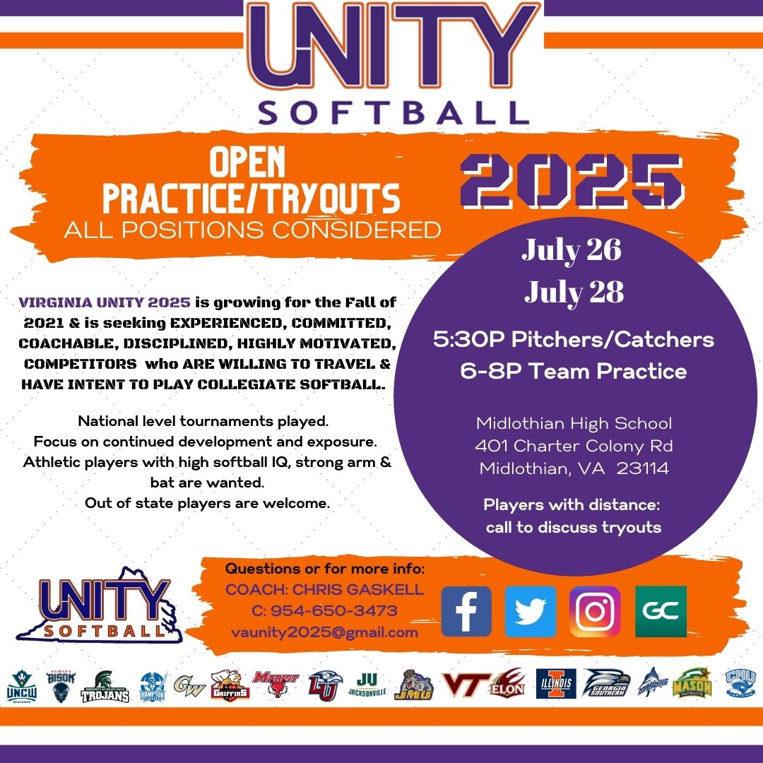 ***Tryouts for Fall 2021/Spring 2022***

See flyer for information. We will use the Varsity Softball field at Midlothian HS. Call Coach Chris Gaskell with any questions. Distance is not an issue! <a href="/VAUnitySB/">Unity Softball</a> <a href="/ExtraInningSB/">EXTRA INNING SOFTBALL</a> <a href="/FastPitchNet/">Fastpitch Network</a> <a href="/BBOS_Nation/">Rick Cowan</a> @StriveSoftball <a href="/IHartFastpitch/">I❤️Fastpitch</a>
