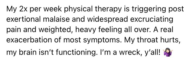 TedDeChaneDPT's tweet photo. Hey Physical Therapists: you are hurting your patients living with #LongCovid. Please do not trigger PEM/PESE. There are tons of resources out there to help! @LongCOVIDPhysio is the place to start. If you have questions, reach out. These stories are becoming more &amp; more common! https://t.co/Fb6dKEzcU3