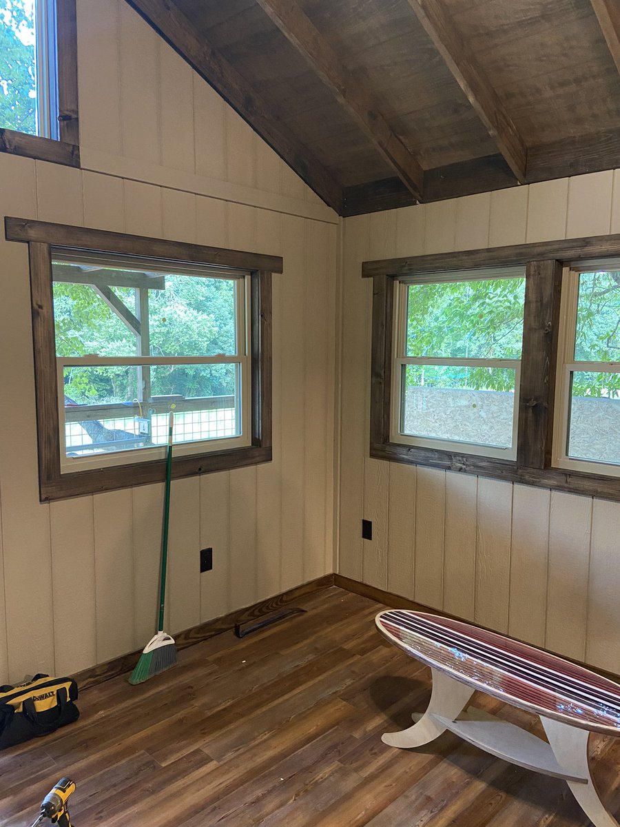 CherryTreesort's tweet photo. Inside is almost done! Trim and base boards finished. Water running, toilet flushing, lights on, and surfboard headboard installed. Just need some furniture built and we are set. Looking to open next Friday. #cherrytreesort #TheTolson https://t.co/iAxzWefRmM